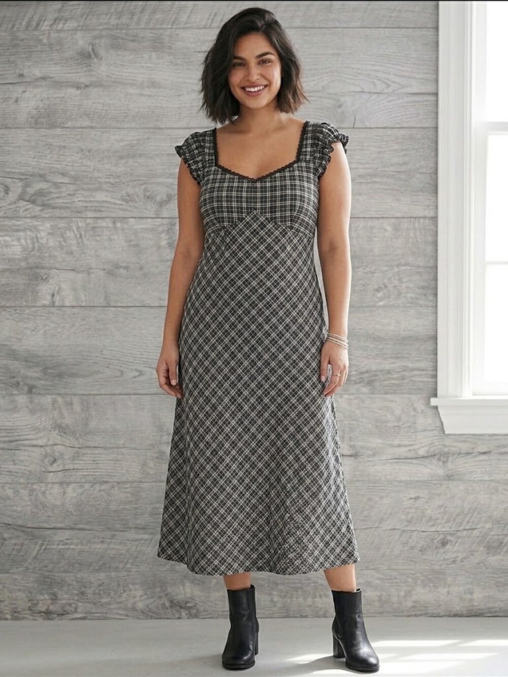Black White Plaid Lace Trim Midi Dress NWT / 1X